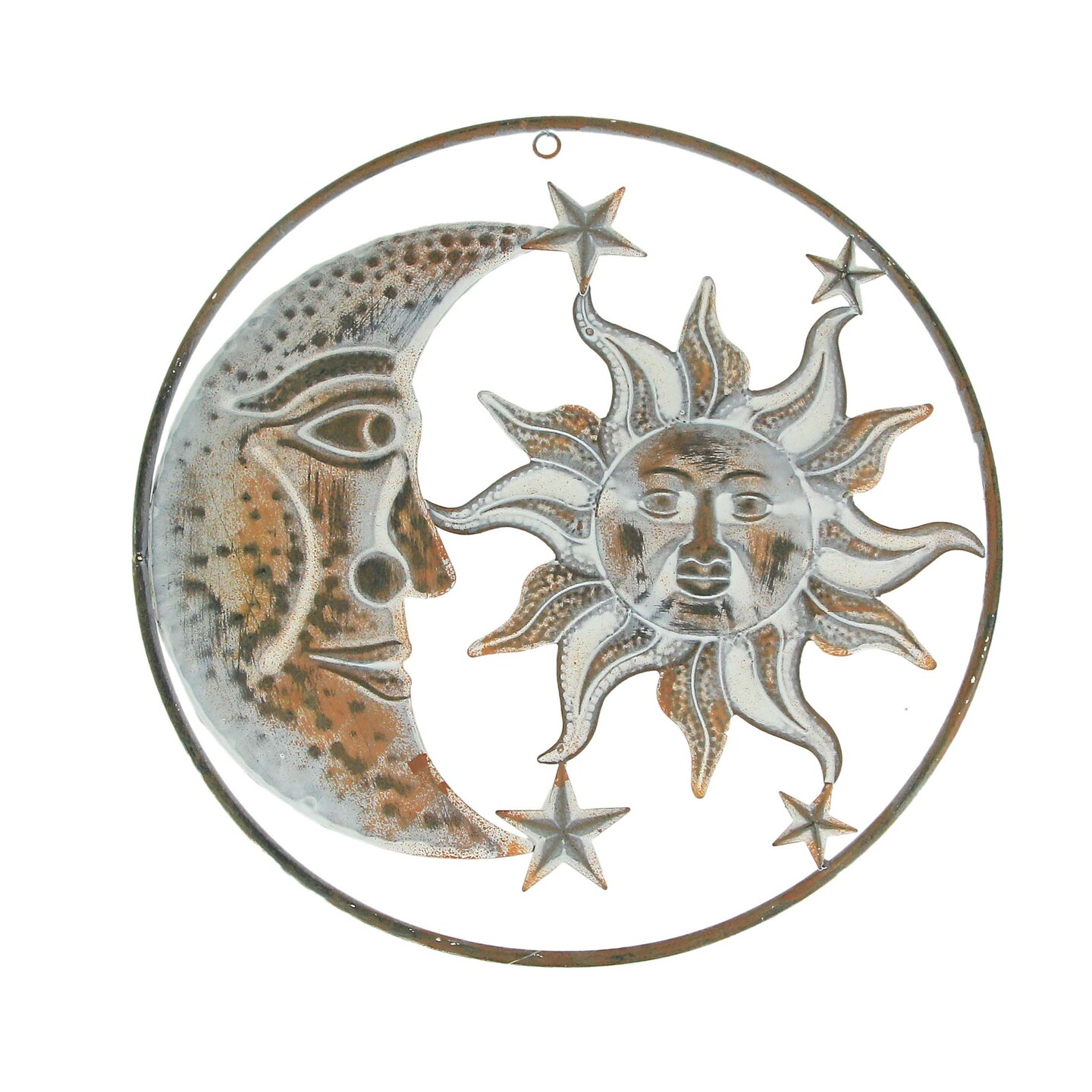Rusty White Metal Indoor Outdoor Celestial Sun Moon and Stars Wall Decor, Right