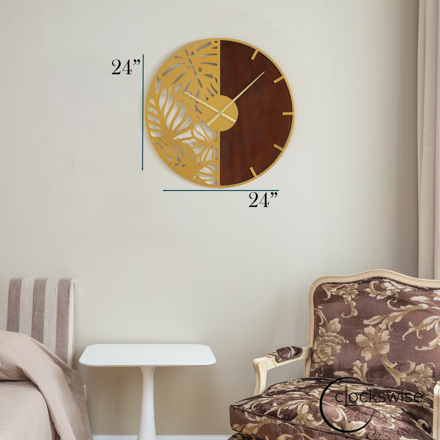 23.6&#x201D; Modern Round Big Wall Clock, Decorative brown wood and gold Metal with Leaf Cutout Oversize Timepiece for Entryway Office Living Room Bedroom or Kitchen, Hanging Supplies Included, Unique Elegant Home Decor
