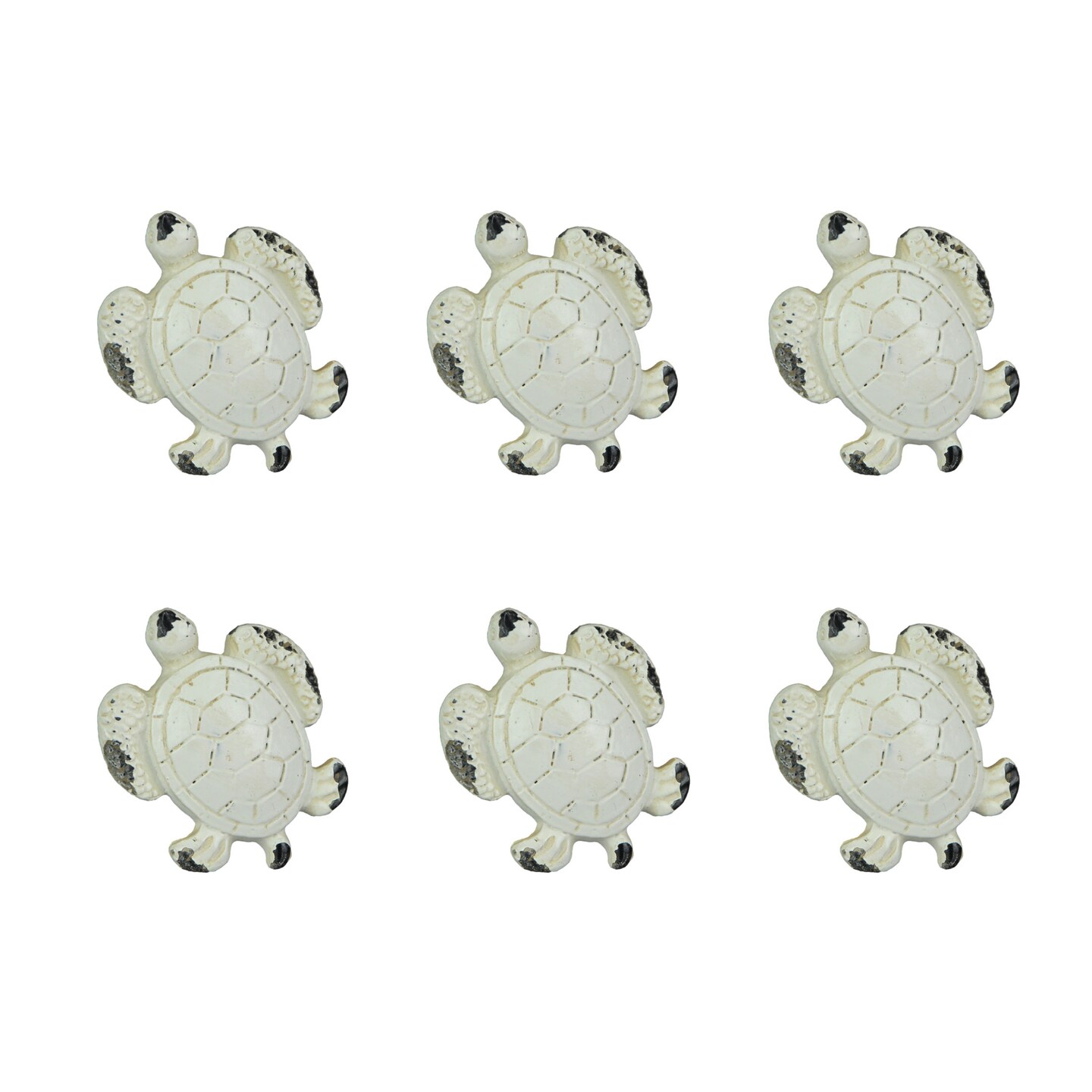 Set of 6 Distressed Finish Coastal White Cast Iron Sea Turtle Drawer Pulls