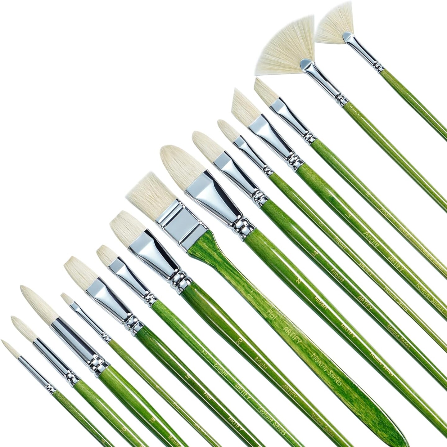 ARTIFY Oil Paint Brushes Set, Acrylic Paint Brushes with Long and Heavy Handle, 15 Pcs Professional Natural Chungking Bristle Paintbrush Set, for Oil and Acrylic Gouache Painting, Green