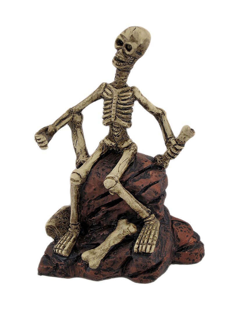 Creepy Skeleton Sitting On Rocks Statue Figure