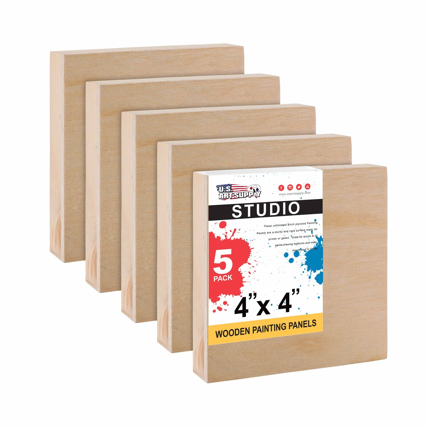4&#x22; x 4&#x22; Birch Wood Paint Pouring Panel Boards, Studio 3/4&#x22; Deep Cradle (Pack of 5) - Artist Wooden Wall Canvases - Painting Mixed-Media, Acrylic, Oil
