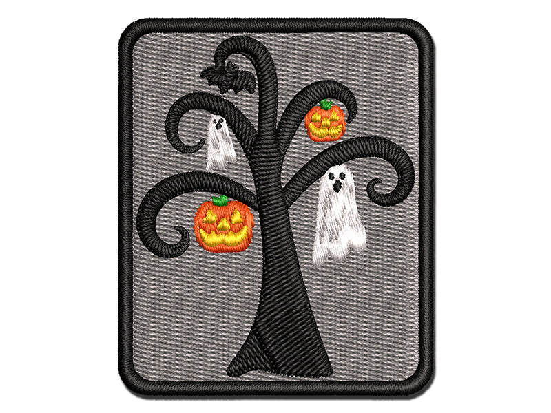Halloween Tree Ghost Bat Jack-O&#x27;-Lantern Multi-Color Embroidered Iron-On or Hook &#x26; Loop Patch Applique