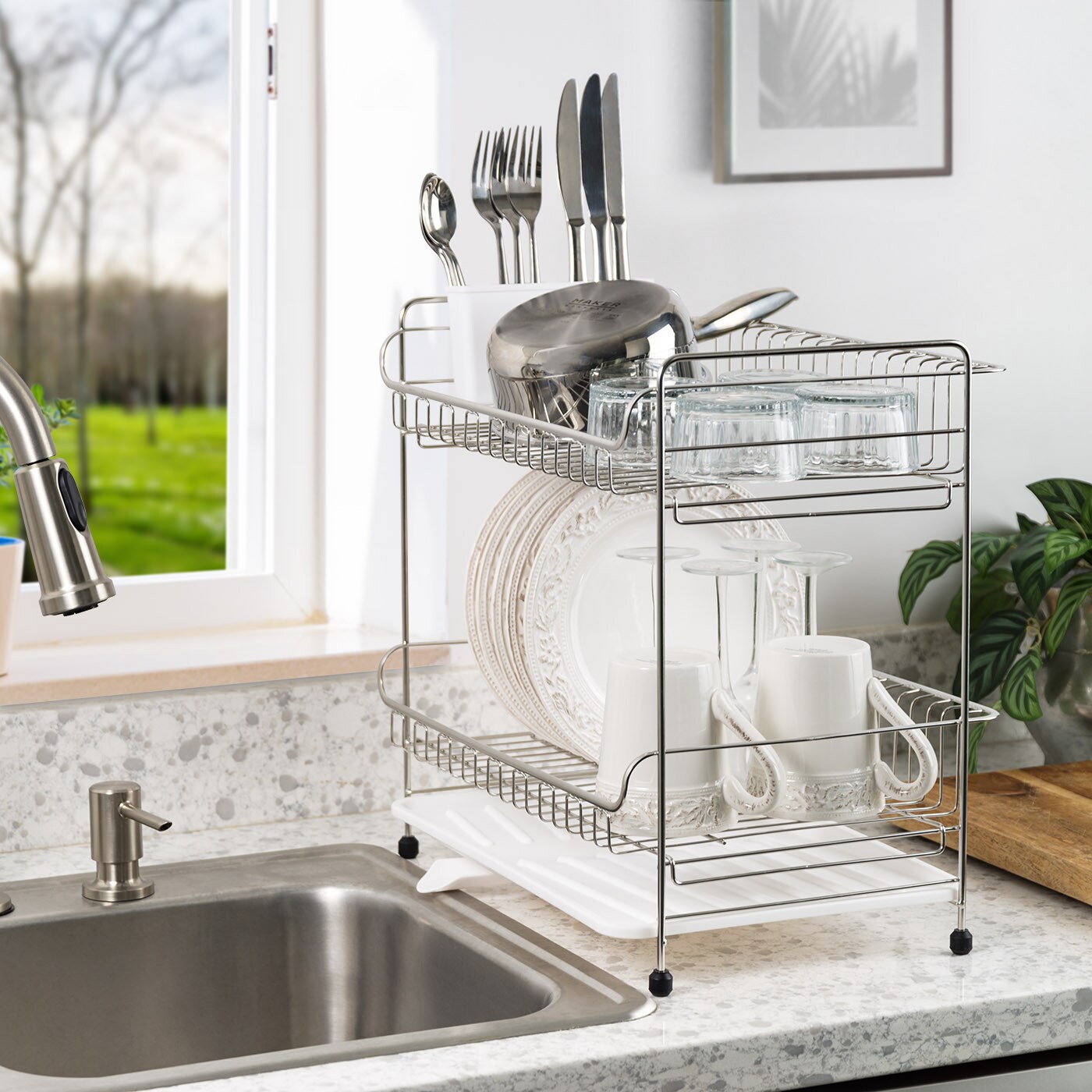 IRIS USA 2-tier Medium-sized Dish Rack with Drain Spout, White