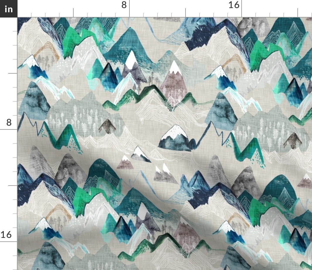 Mountain, Call, Adventure, Camping, Rustic, Painting, Watercolour, Forest, Woods, Geometric, Blue, Water Custom Printed Fabric by Spoonflower Various Fabrics by the Yard or Fat Quarter