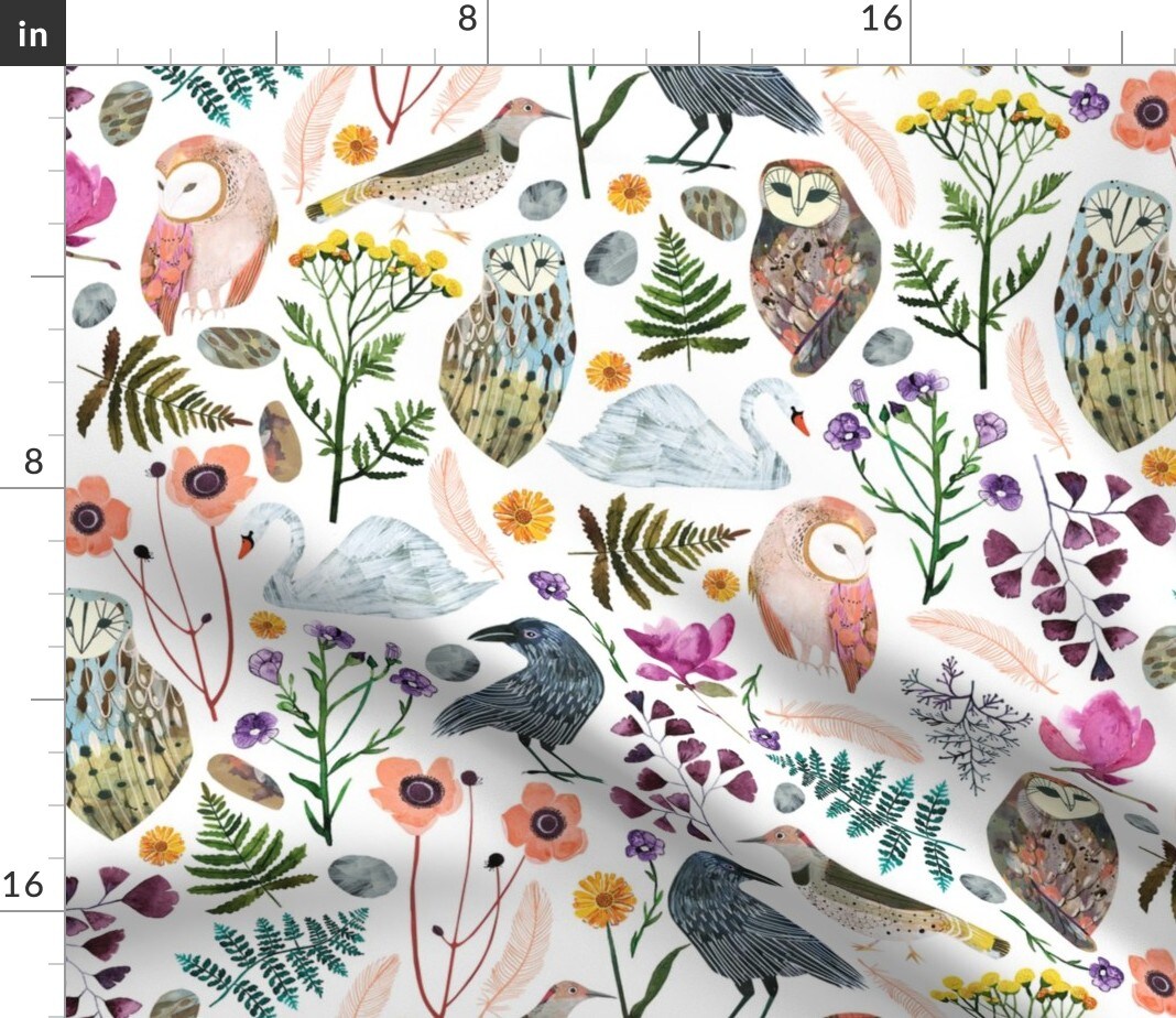 Dreams Large Birds Botanical Floral Owl Fern Green Bird Woodland Custom Printed Fabric by Spoonflower Various Fabrics by the Yard or Fat Quarter