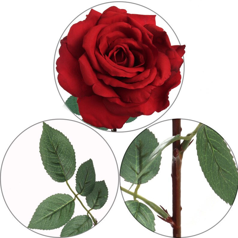 Crimson Charm: 3-Pack of 30" Silk Red Queen Anne Rose Stems with Realistic Foliage and Stem - Perfect for Valentine's Day, Weddings, and DIY Floral Arrangements