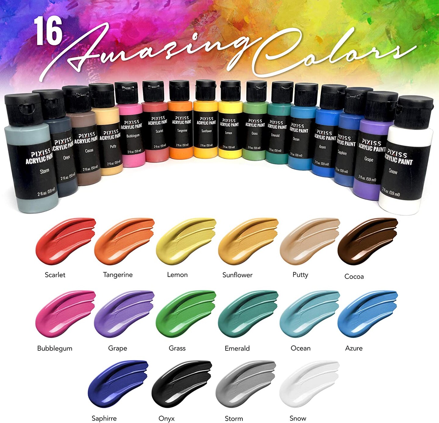 Pixiss Acrylic Paint Set of 16 Colors, 59ml, 2 Fluid Ounce Bottles, Matte Finish Paints