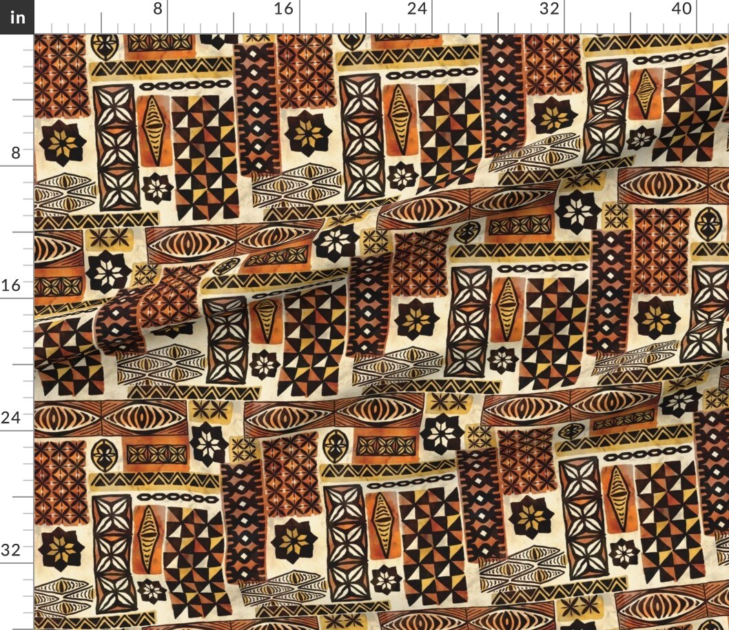 Hawaiian Orange Red Yellow Old Rust Antique Polynesian Tiki Custom Printed Fabric by Spoonflower Various Fabrics by the Yard or Fat Quarter