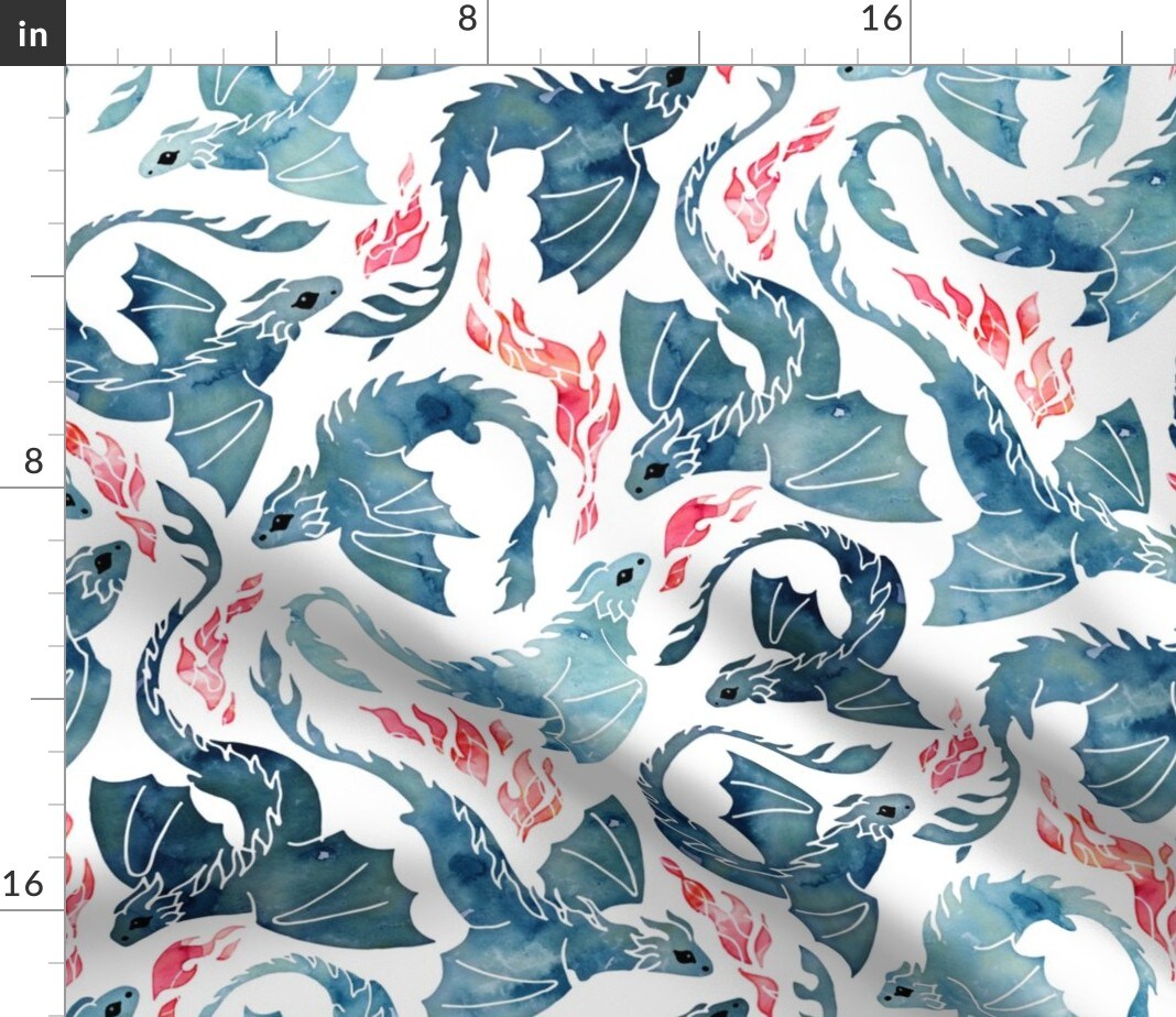 Whimsical Dragons Watercolor Mystical Fantasy Cute Flying Fire Breathing Custom Printed Fabric by Spoonflower Various Fabrics by the Yard or Fat Quarter