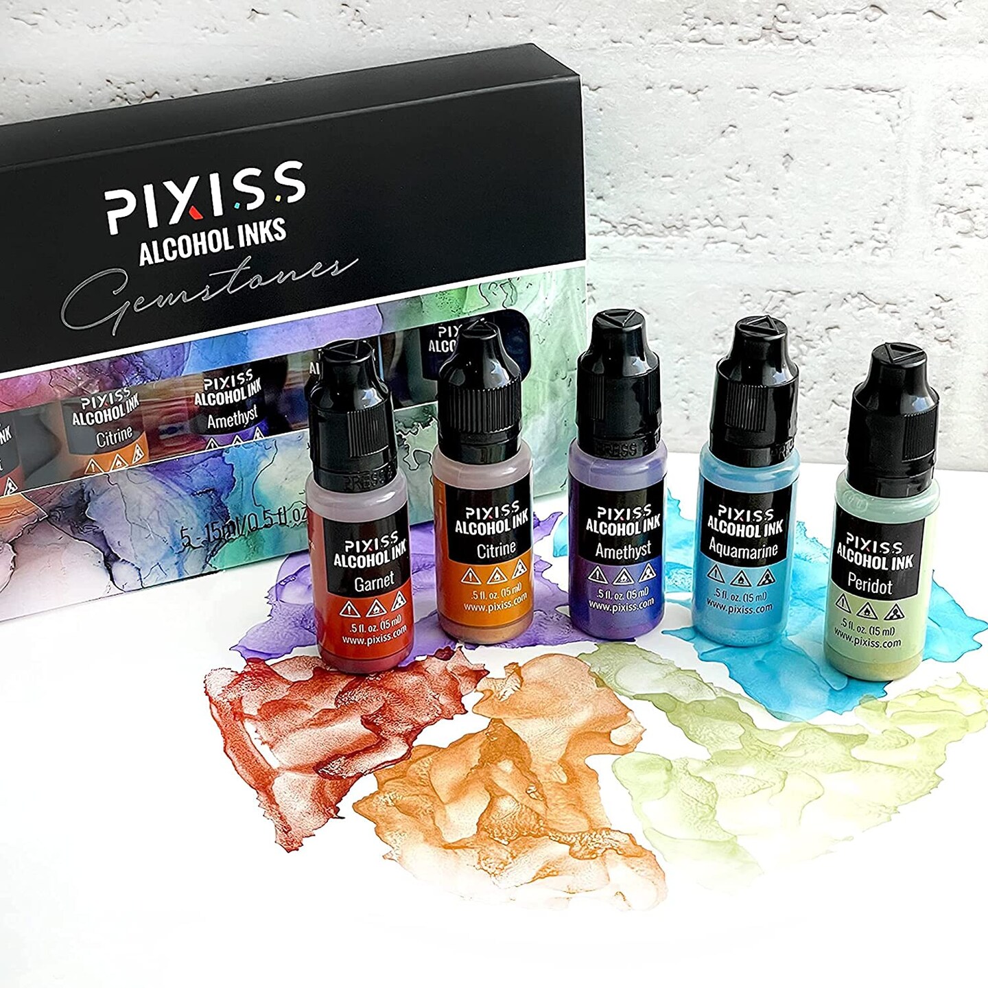 Pixiss Gemstone Alcohol Inks Set, 5 Highly Saturated Gemstone Alcohol Inks for Resin