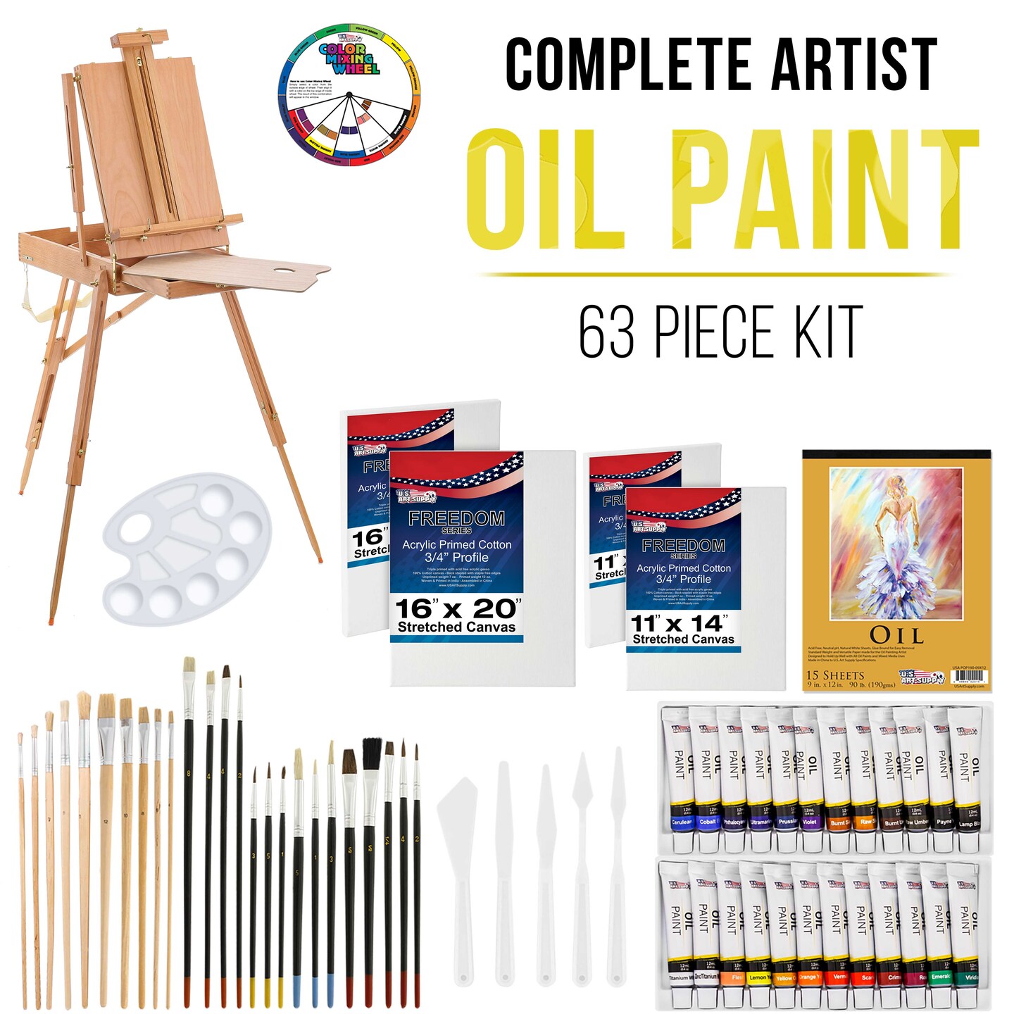 U.S. Art Supply 63-Piece Artist Oil Painting Set with French Style ...