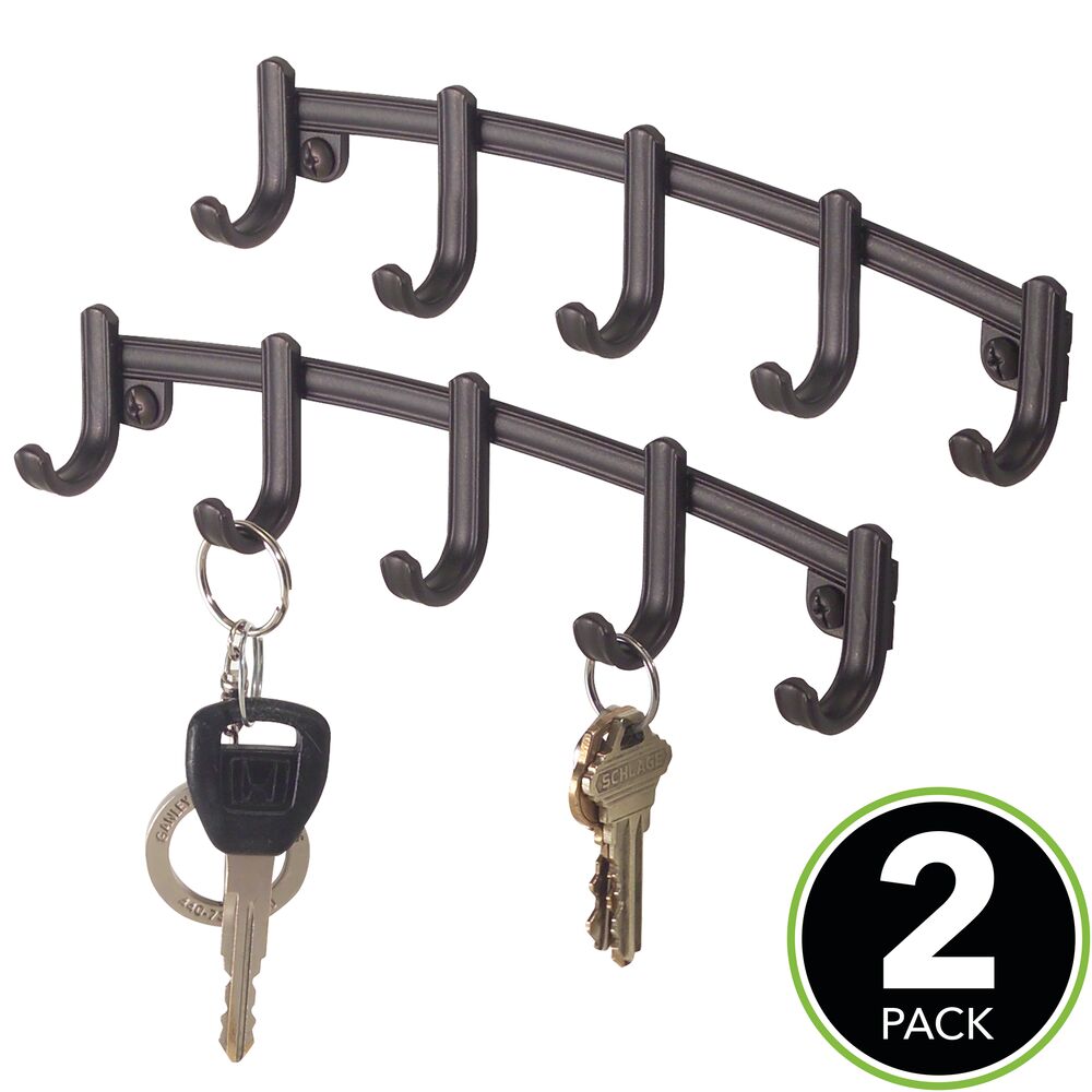 mDesign Small Wall Mount Key Ring Holder Hook Rack with 5 Hooks, 2 Pack