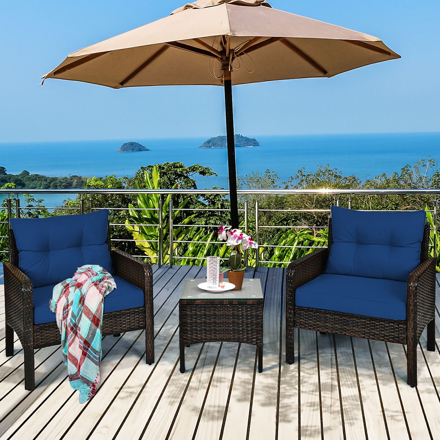 Costway 3PCS Outdoor Rattan Conversation Set Patio Garden Cushioned Sofa Chair