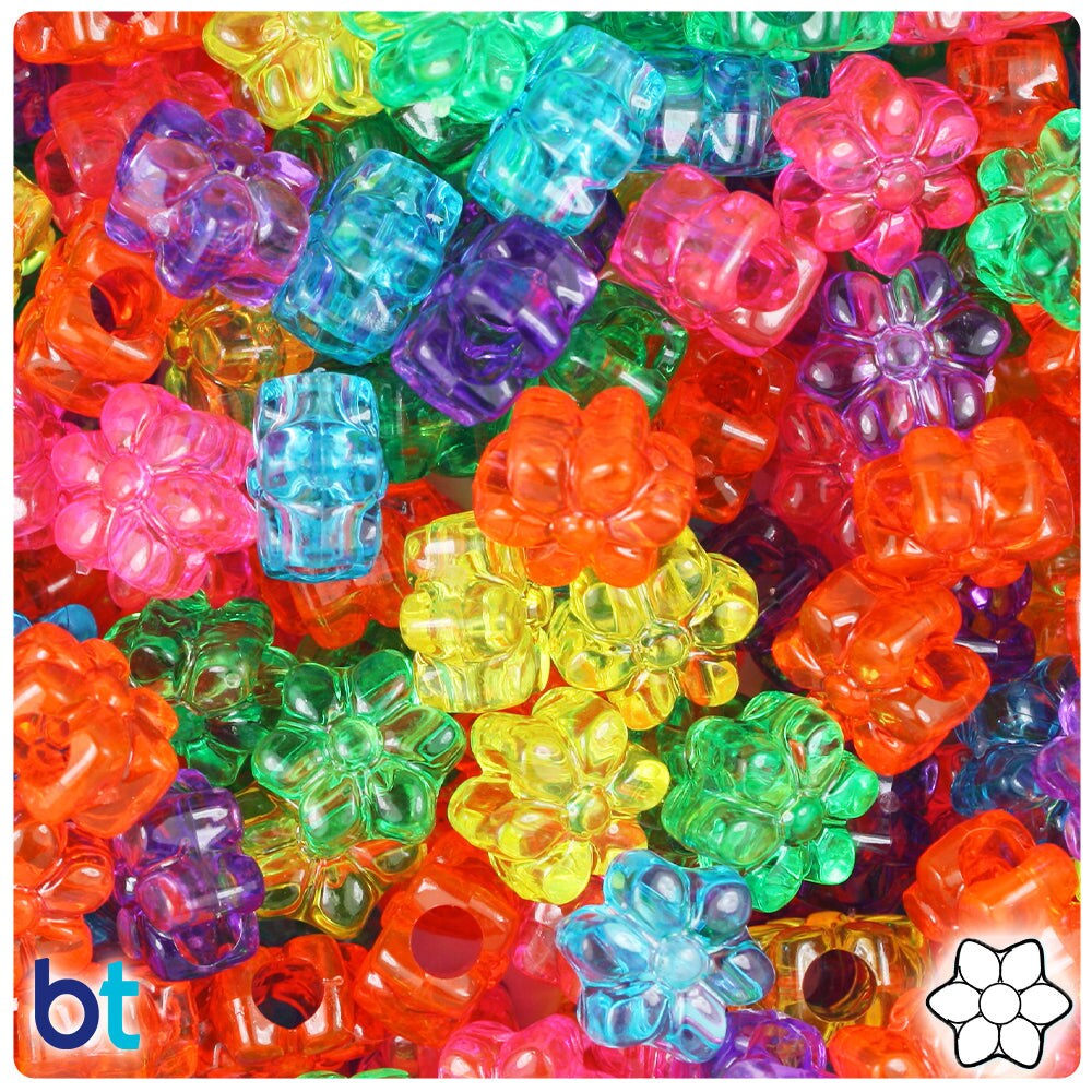 BeadTin Jelly Transparent Mix 13mm Flower Plastic Pony Beads (250pcs)