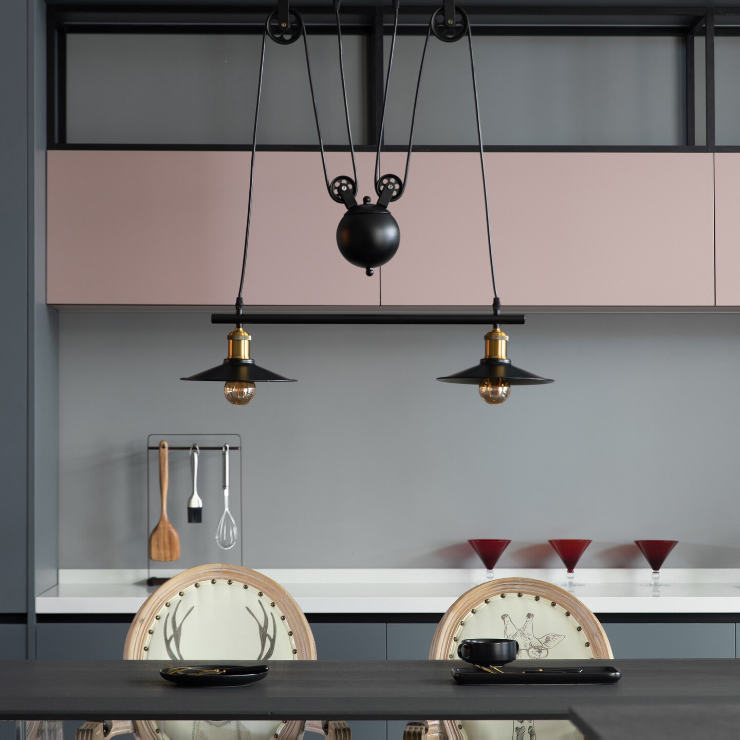 Modern Industrial Adjustable 2 Bulb Pulley Wired Ceiling Hanging Light Fixture, Black Decorative Chandelier