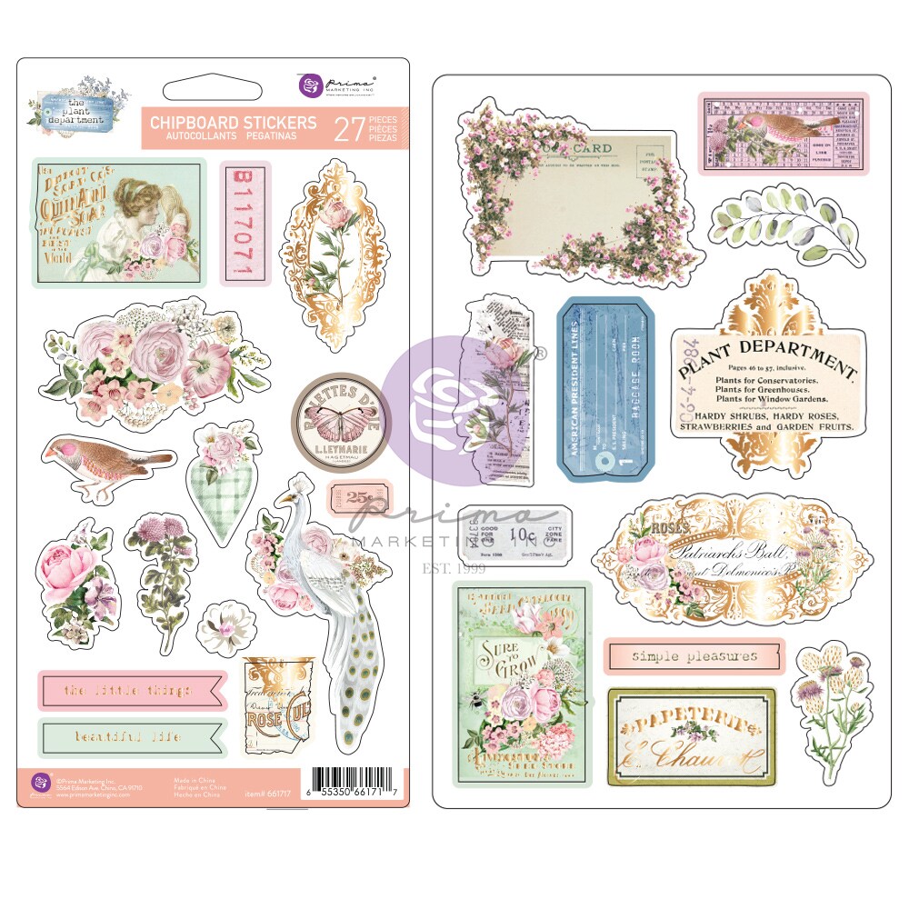 Prima Marketing The Plant Department Collection Chipboard Stickers - 27 pcs w/ foil details / chipboard stickers for Scrapbooking, Journaling Supplies, Planners, Kid DIY Art Crafts, Bullet Journal