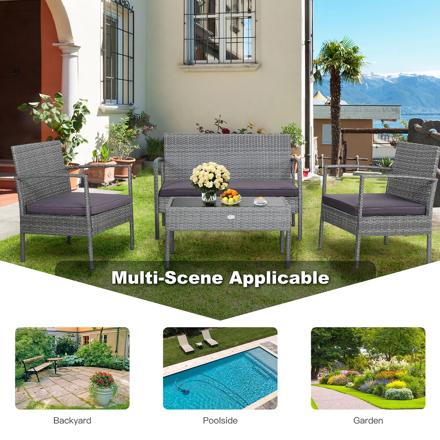 Costway 4 PCS Outdoor Rattan Furniture Set Patio Conversation Sofa Set Cushioned Grey