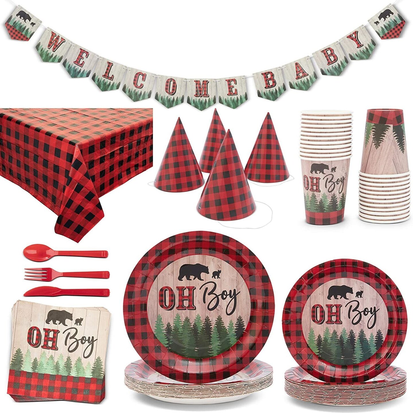 194 Piece Lumberjack Baby Shower Decorations for Boy - Oh Boy Buffalo Plaid Party Supplies with Plates, Napkins, Tablecloth, Hats, Banner (Serves 24)