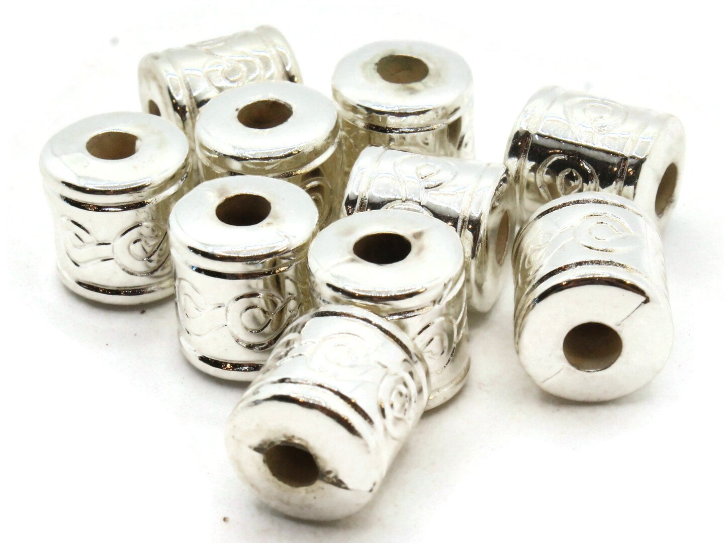 10 12mm Patterned Vintage Silver Plated Plastic Tube Beads