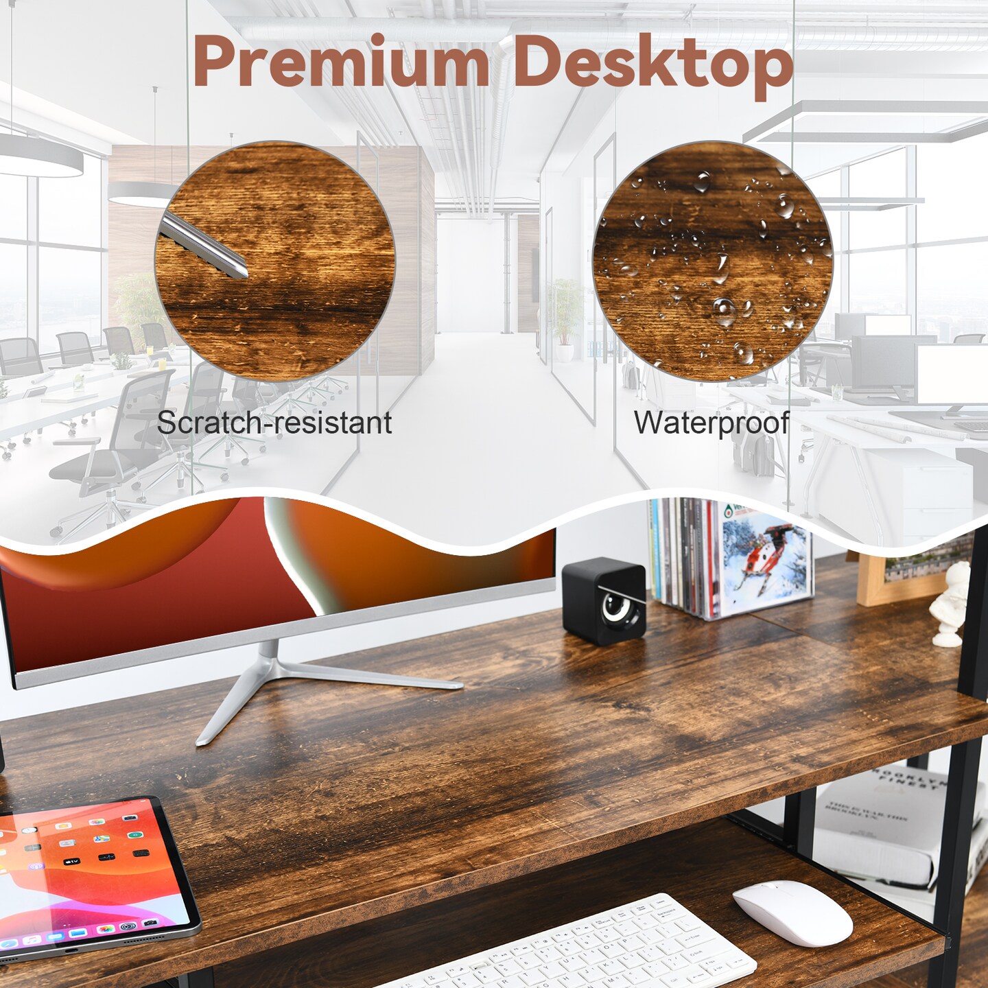 Costway Computer Desk Home Office Desk with Shelves 2 Drawers Keyboard Tray  & Movable CPU Stand Study Desk Laptop Table Small Space Rustic Brown
