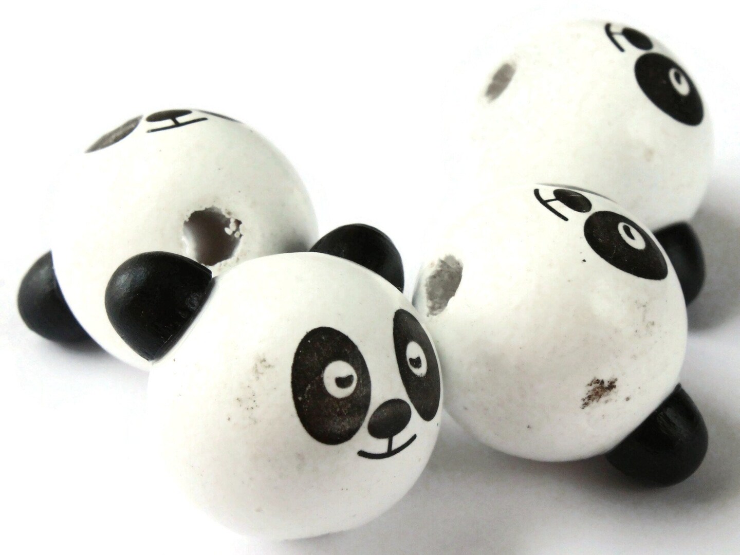 4 26mm Round Wood Black and White Panda Bear Head Beads