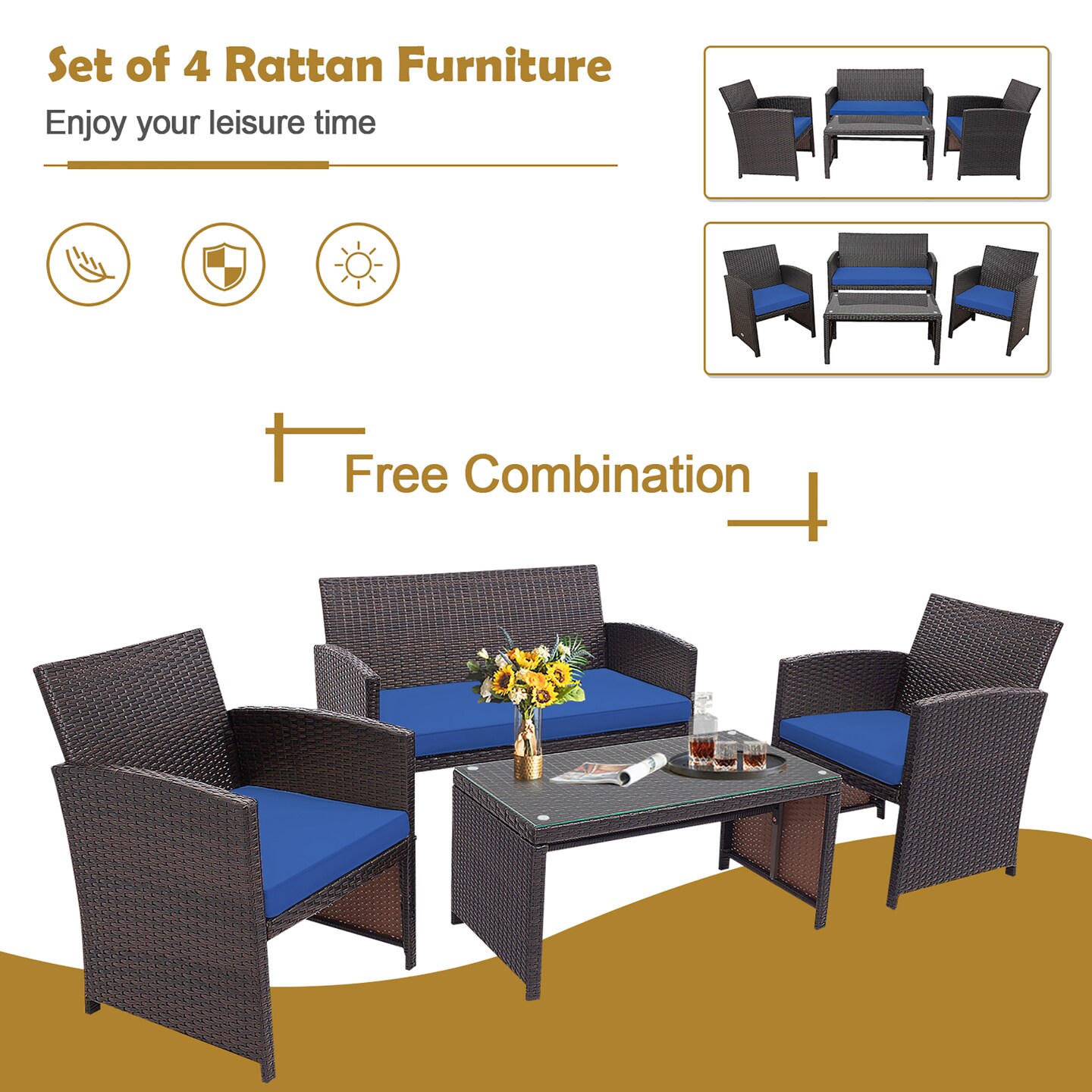 Costway 8PCS Patio Rattan Furniture Set Cushioned Chair Sofa Coffee Table White\Navy\Turquoise\Red