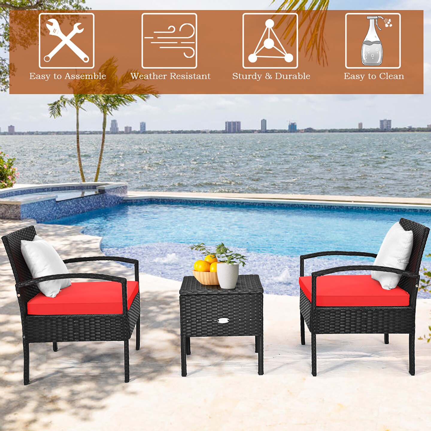 Costway 3PCS Patio Rattan Furniture Set Storage Table Cushioned Sofa Deck Red\Turquoise\White
