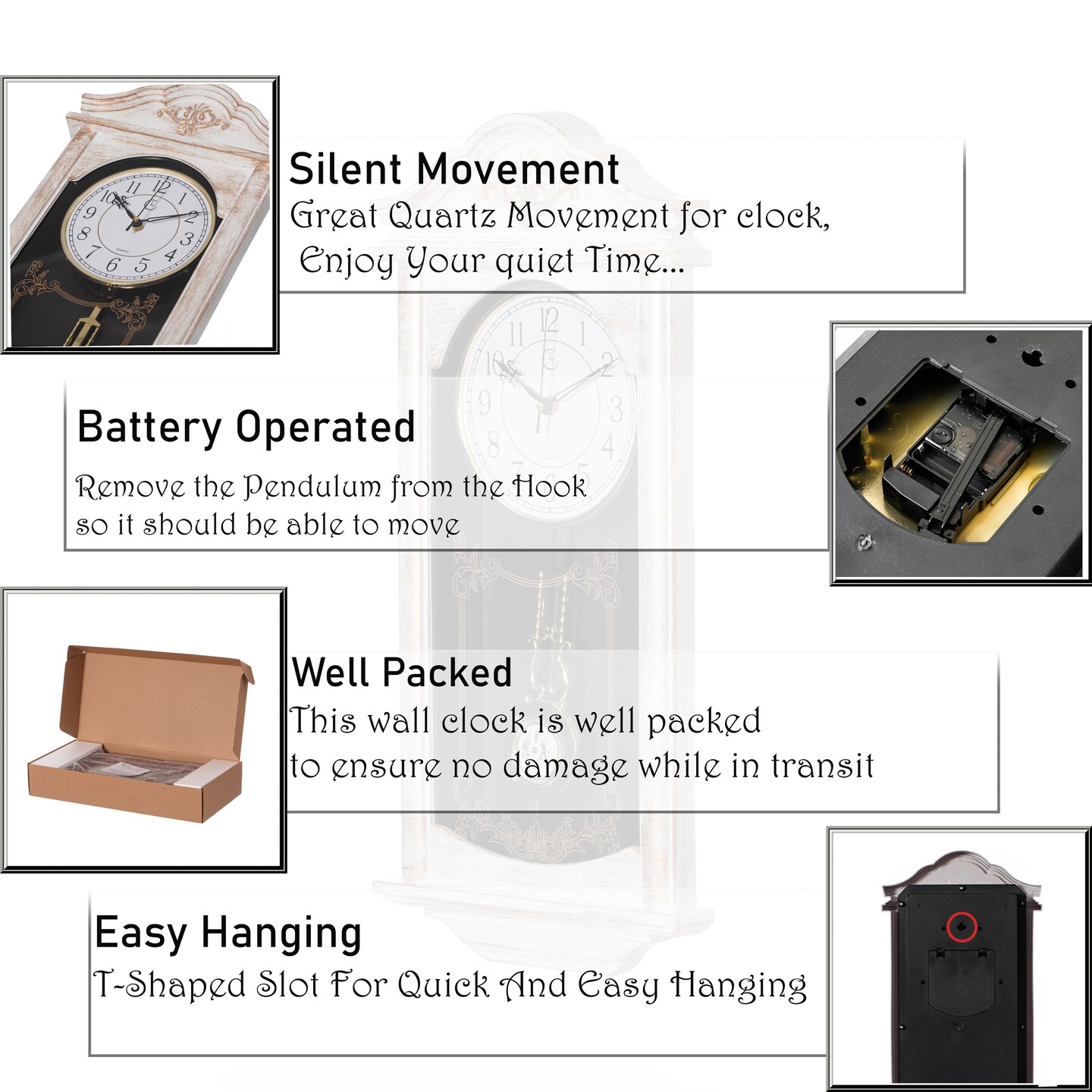 Clockswise Vintage Grandfather Wood-Looking Plastic Pendulum Decorative Battery Operated Wall Clock Brown, for Office, Home Decor, Living Room, Kitchen, or Dining Room