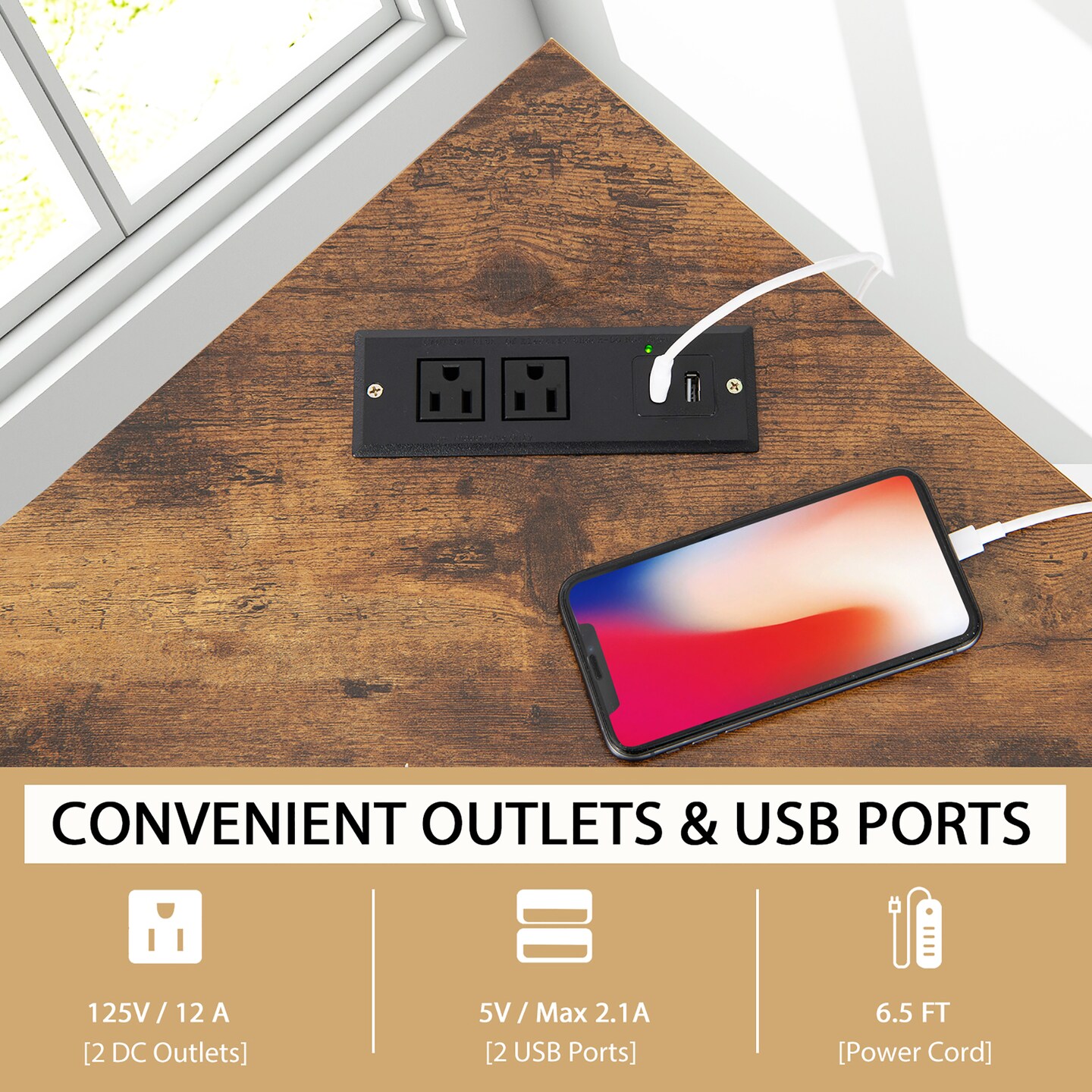 Costway Triangle Computer Desk Corner Desk Home Office with Power Outlets USB Ports Black/Rustic