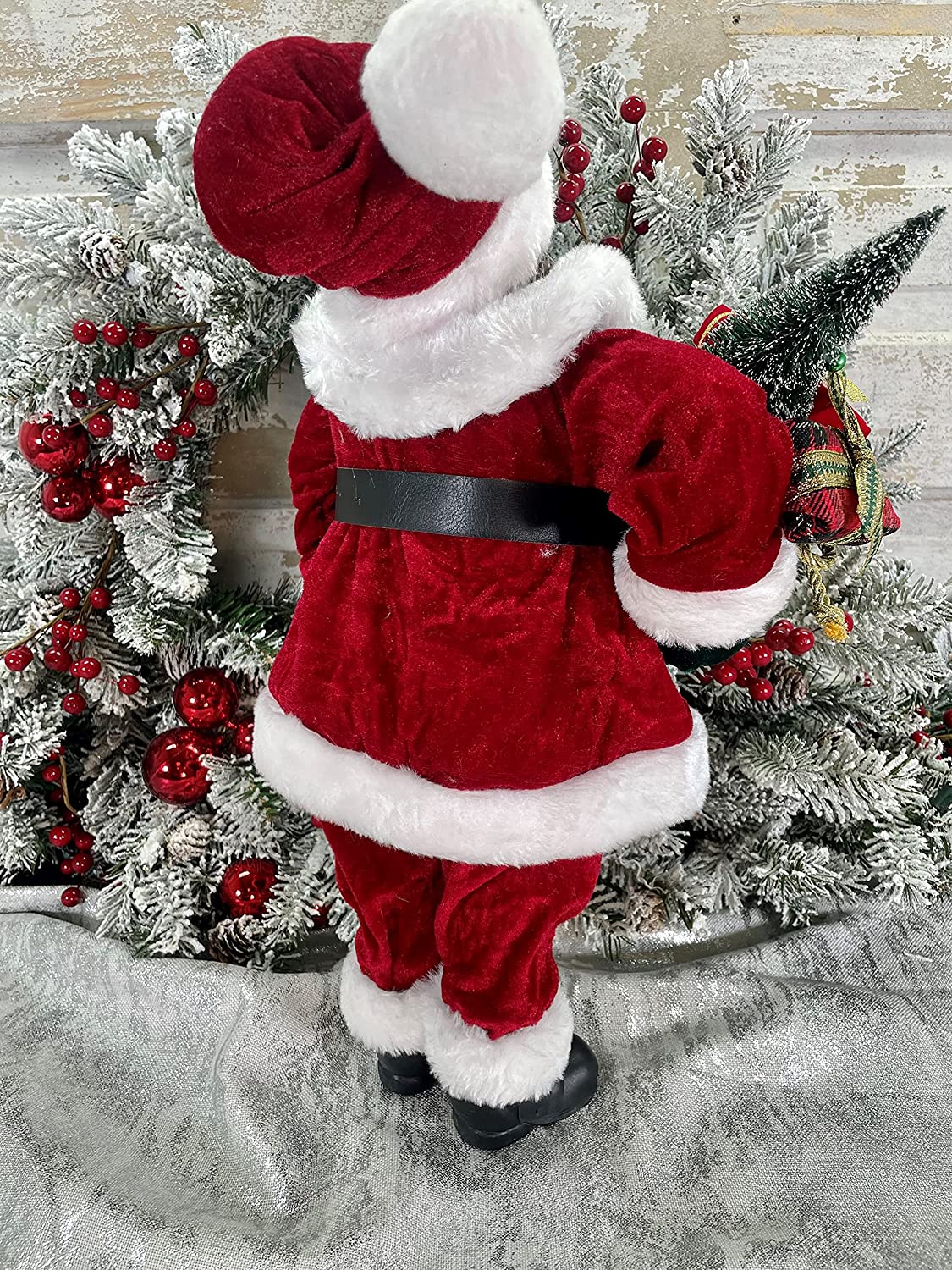 19&#x22; Velvet Resin Black Santa with Fur: Elegant Holiday Decoration with Luxurious Detailing