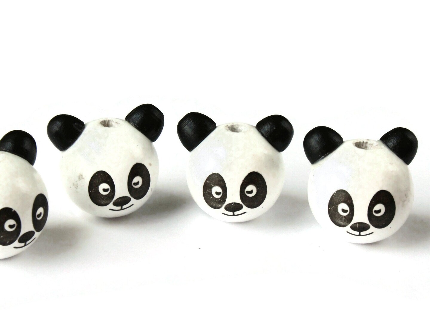 4 26mm Round Wood Black and White Panda Bear Head Beads