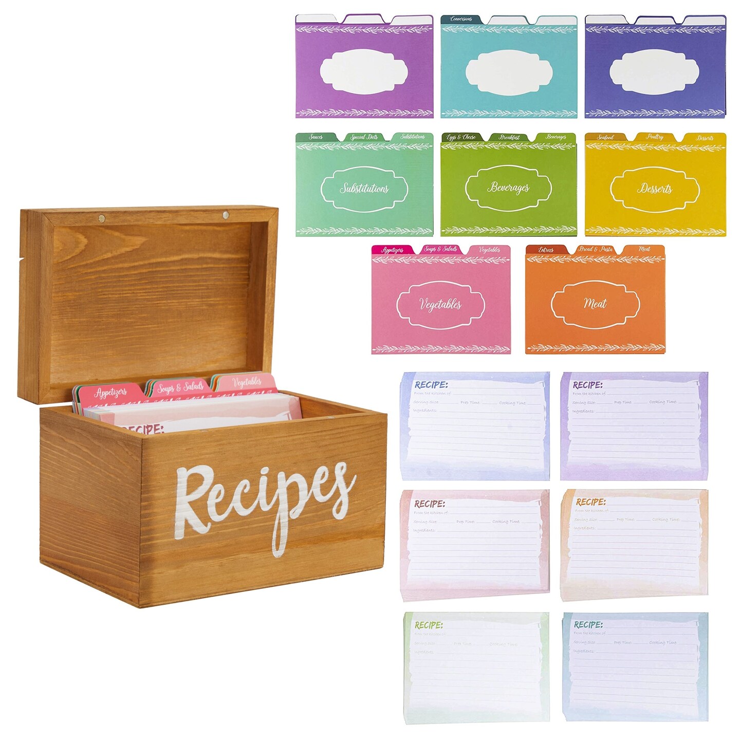Wooden Recipe Box with 60 Blank 4x6 Cards and 24 Dividers with Tabs for  Baking (7 x 5 x 5 In)