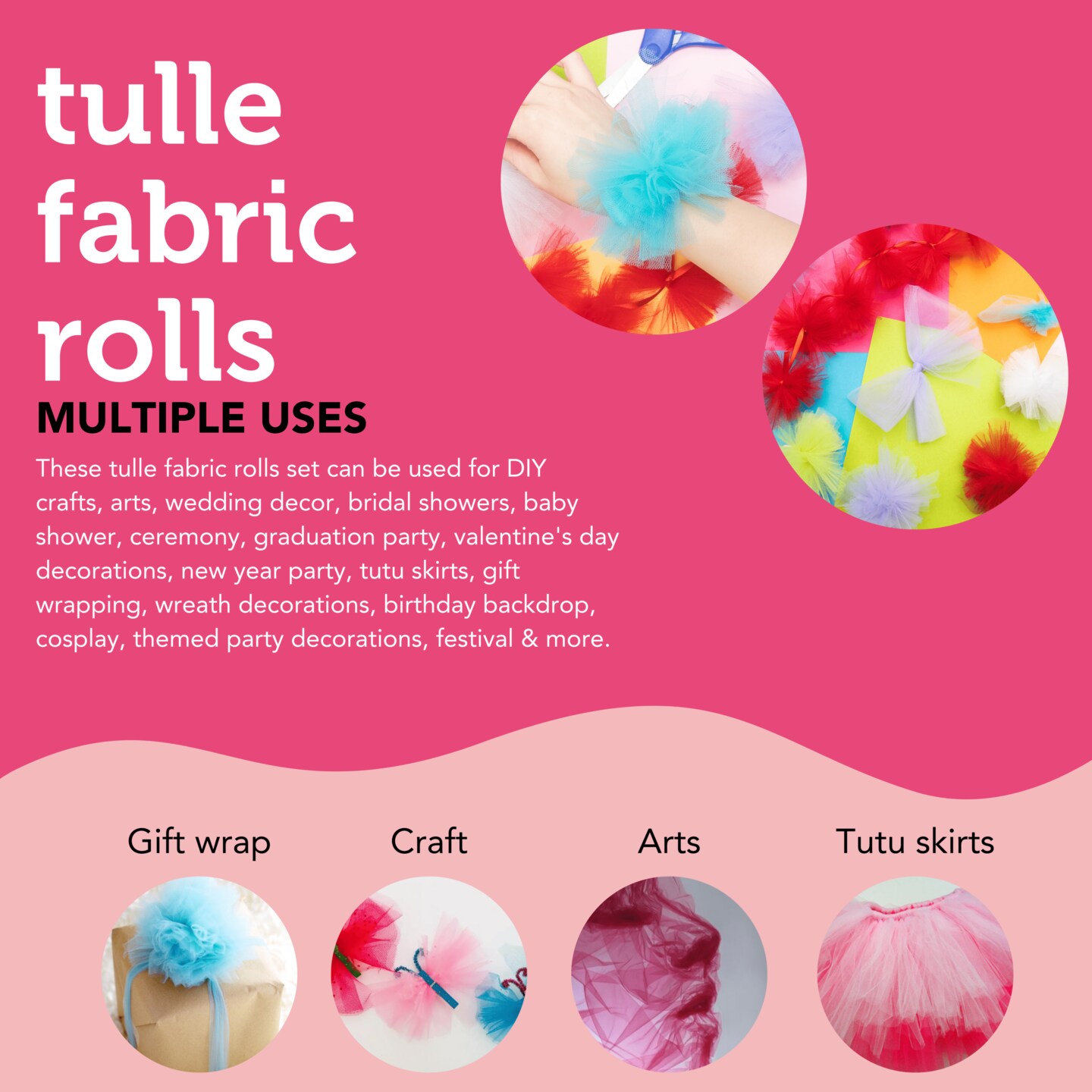 Incraftables Tulle Fabric 6 Rolls (25 Yards per Roll). Best Tulle Ribbon for Gift Wrapping, Wedding Decor, Party Decorations &#x26; Crafts (Rainbow Colors - Red, Black, White, Purple, Green &#x26; Aqua Blue)