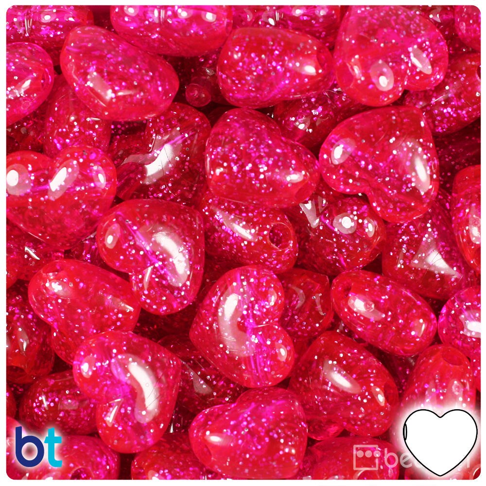 BeadTin Bright Pink Sparkle 18mm Heart Plastic Pony Beads (24pcs)