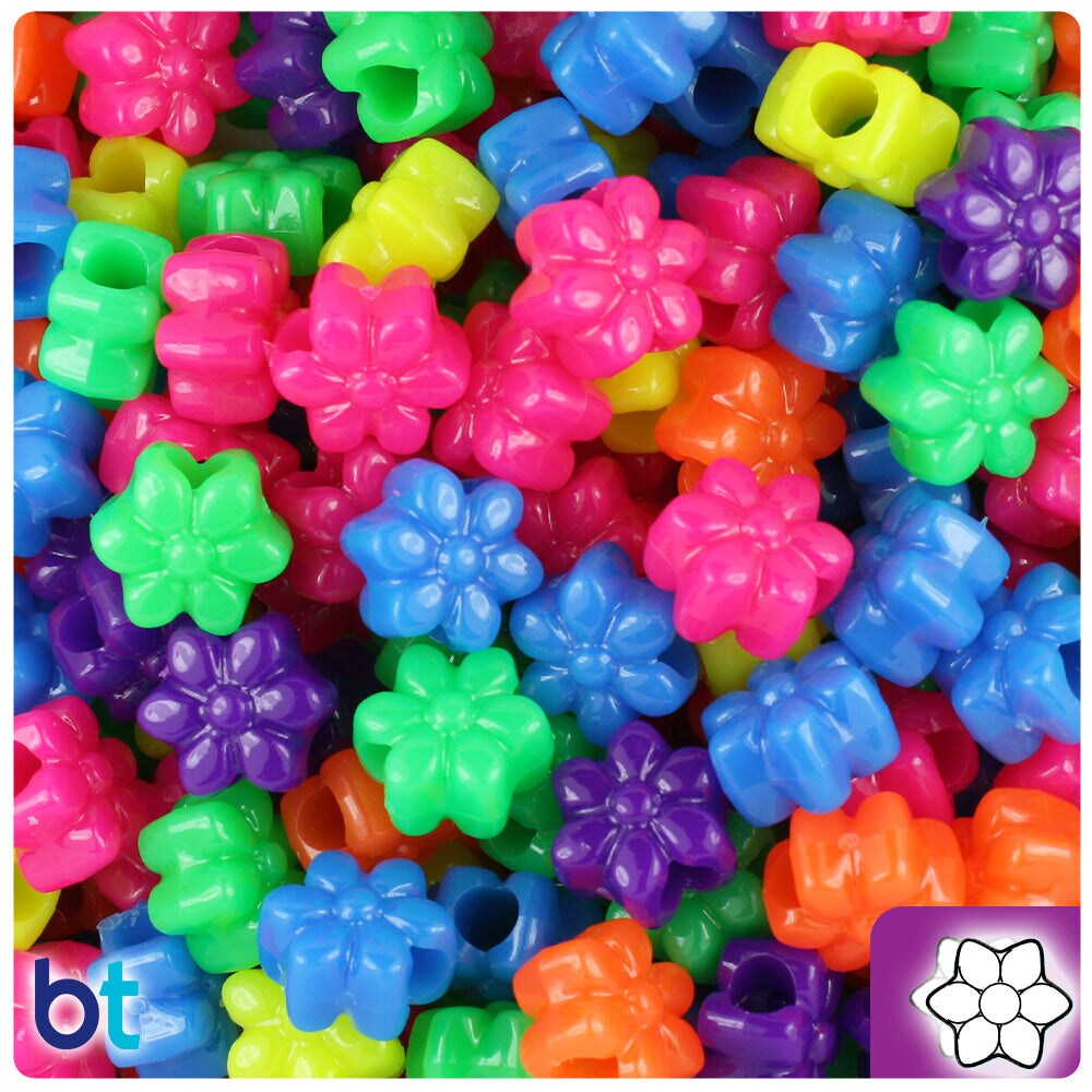 BeadTin Neon Bright Mix 13mm Flower Plastic Pony Beads (250pcs)