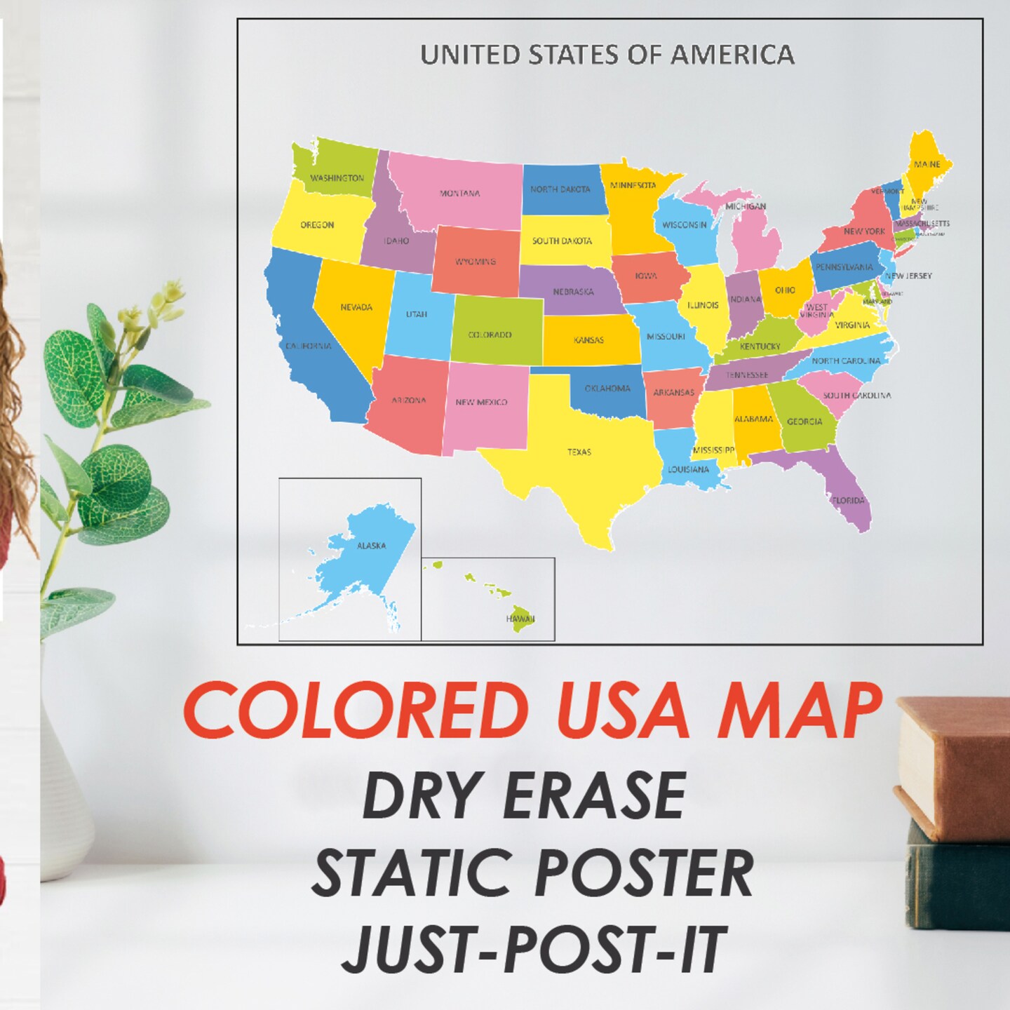 Static Holding Dry-Erase USA Map, U.S. Map Wall Art, Educational Wall Art, Classroom Wall Decal (No Glue - No Tape)