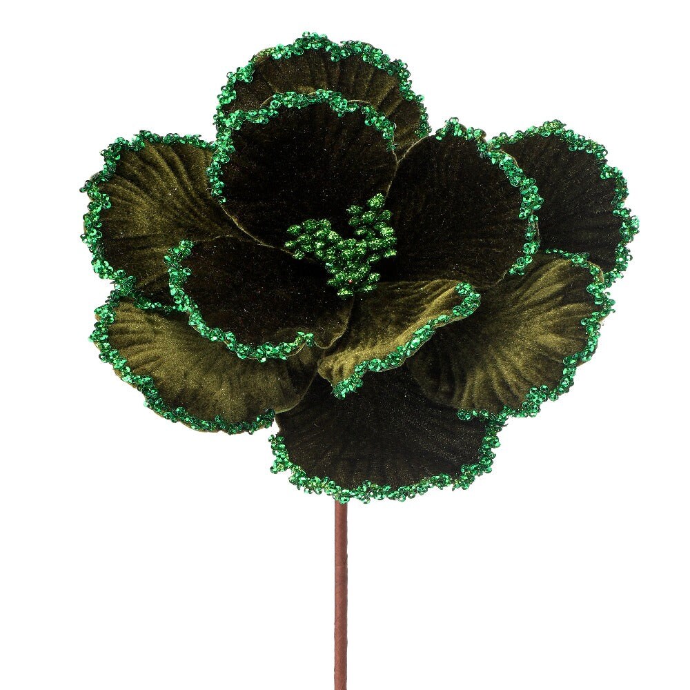 24&#x22; Green  Velvet Glitter Bead Edge Magnolia Flower - Christmas Flower Decoration