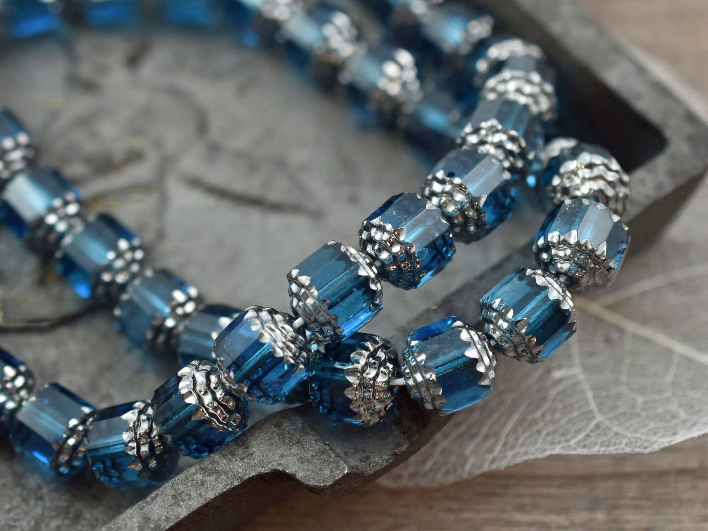 Silver Washed Capri Blue Fire Polished Cathedral Beads