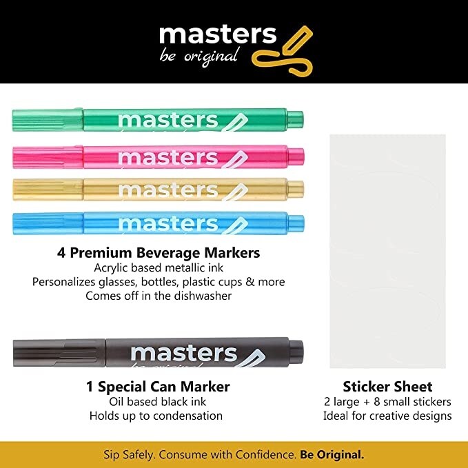 Masters Markers Washable Beverage Markers Set | Non-Toxic, Erasable Ink Writing on Cold Drinks, Bottles, Plastic Cups, Mirrors | 4 Assorted