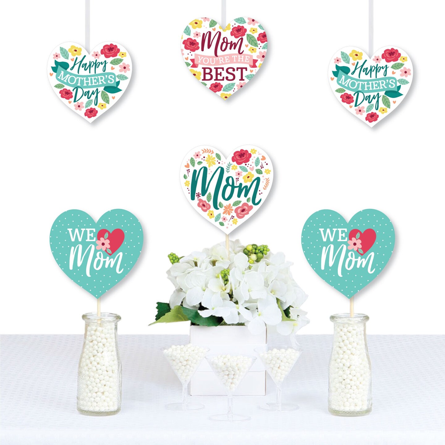 Big Dot of Happiness Colorful Floral Happy Mother's Day - Heart Decorations DIY We Love Mom Party Essentials - Set of 20