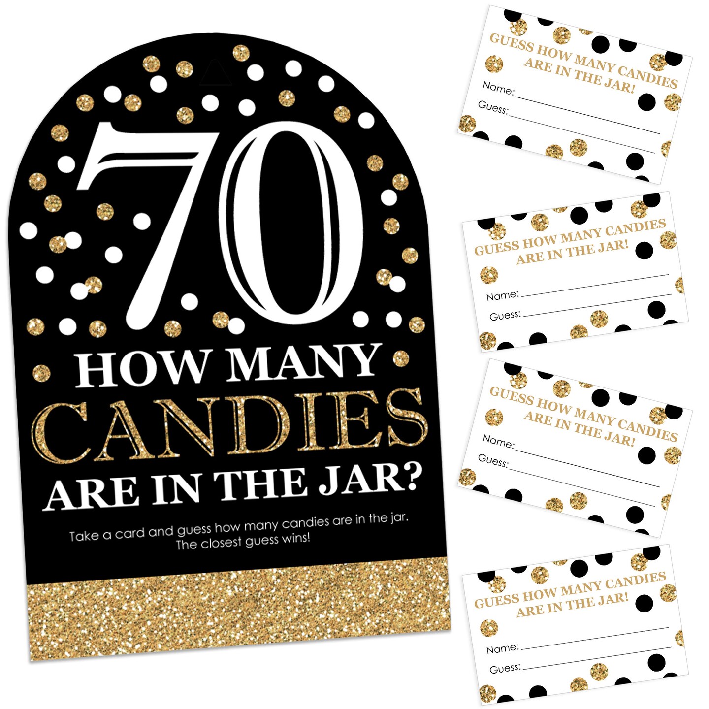 Big Dot of Happiness Adult 70th Birthday - Gold - How Many Candies Birthday Party Game - 1 Stand and 40 Cards - Candy Guessing Game