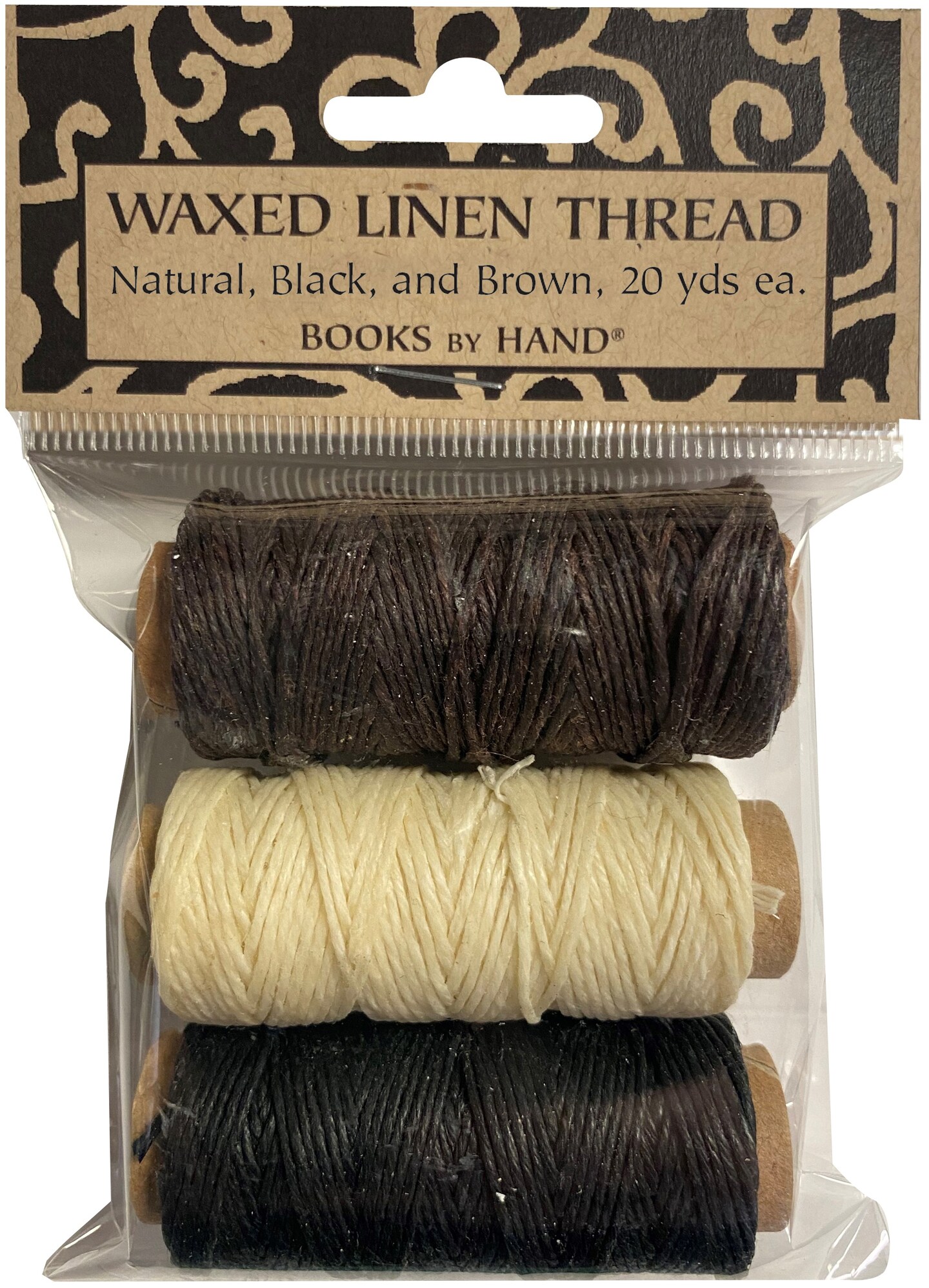Lineco Waxed Linen 5 Ply Thread 3/PkgNatural, Brown, Black; 20Yds Each