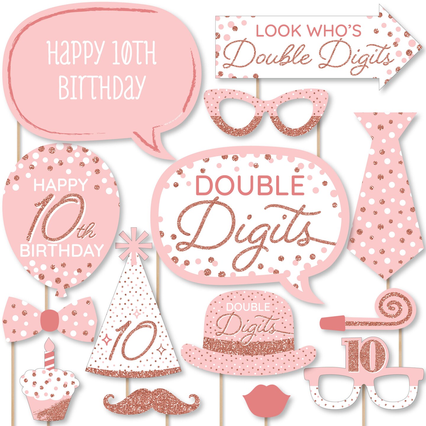 Big Dot of Happiness 10th Pink Rose Gold Birthday - Happy Birthday Party Photo Booth Props Kit - 20 Count