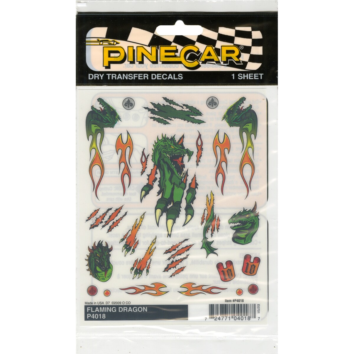 Pine Car Derby Dry Transfer Decal 4&#x22;X5&#x22; Sheet-Flaming Dragon
