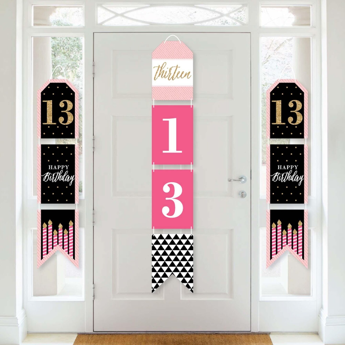 Big Dot of Happiness Chic 13th Birthday - Pink, Black &#x26; Gold - Hanging Vertical Paper Door Banners - Birthday Party Wall Decor Kit- Indoor Door Decor