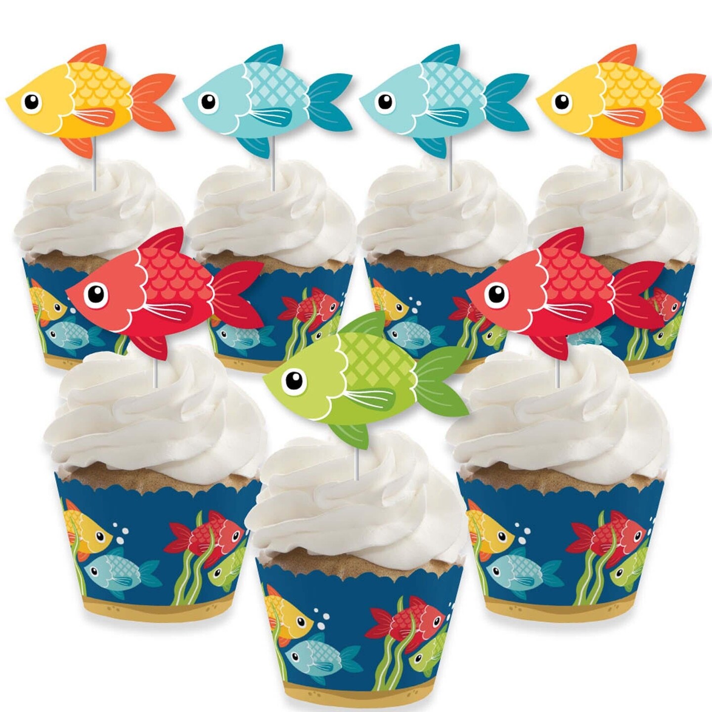 Big Dot of Happiness Let's Go Fishing - Cupcake Decoration - Fish Themed  Birthday Party or Baby Shower Cupcake Wrappers & Treat Picks Kit - Set of  24