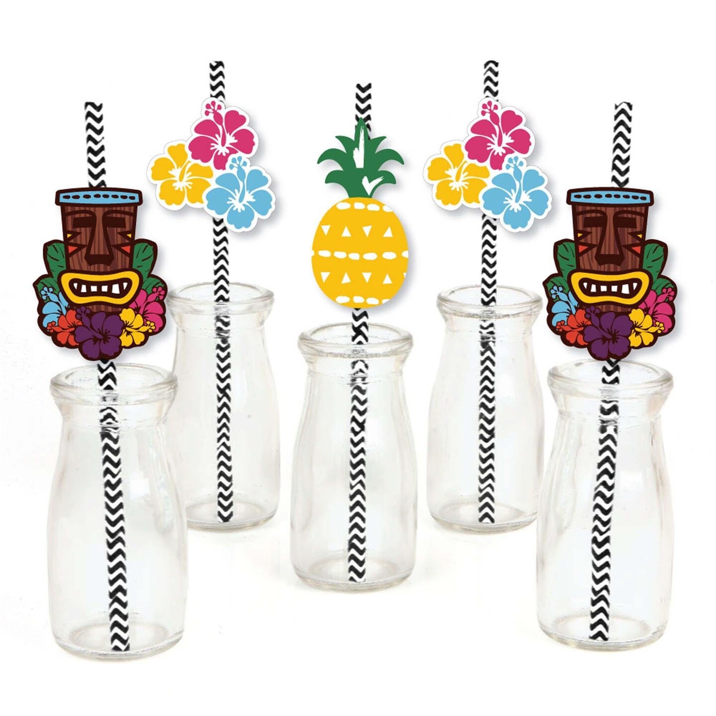 Big Dot of Happiness Tiki Luau Paper Straw Decor - Tropical Hawaiian Summer Party Striped Decorative Straws - Set of 24