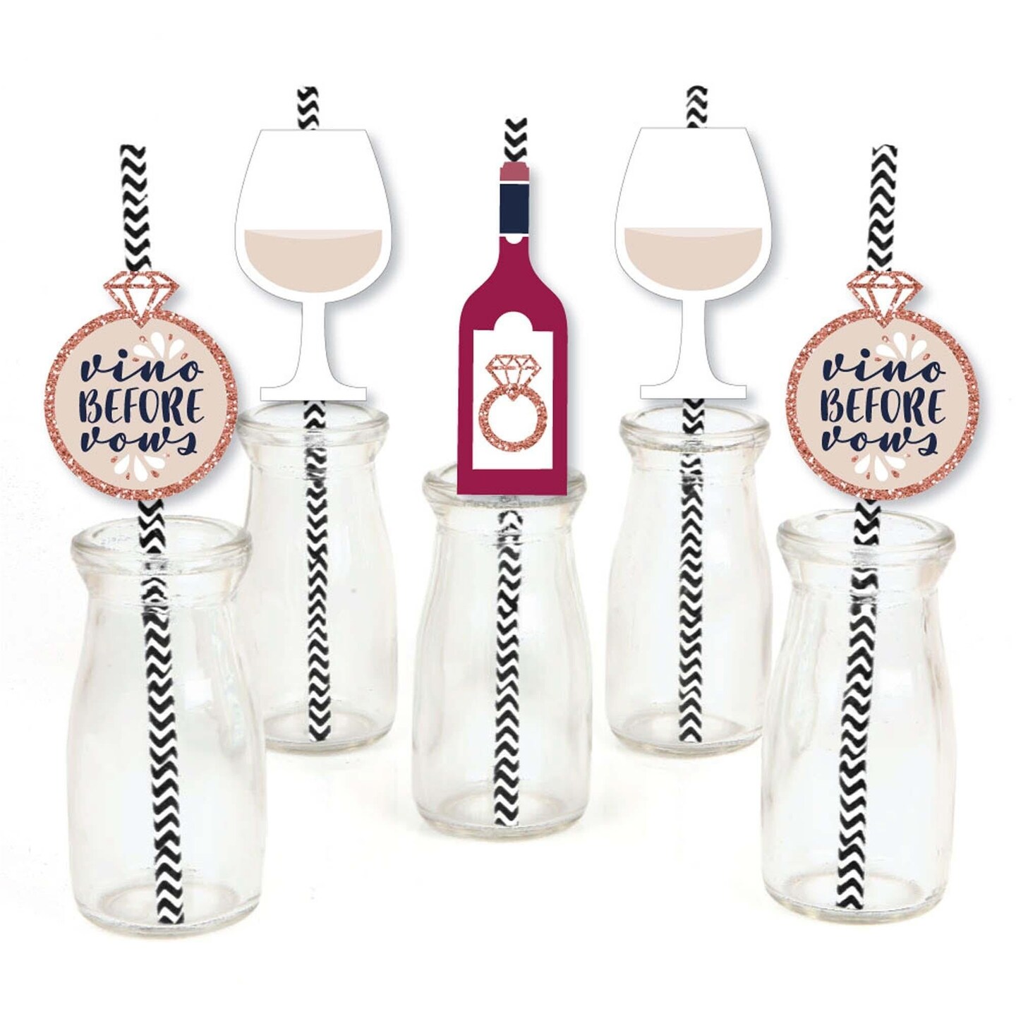 Big Dot of Happiness Vino Before Vows - Paper Straw Decor - Winery Bridal Shower or Bachelorette Party Striped Decorative Straws - Set of 24