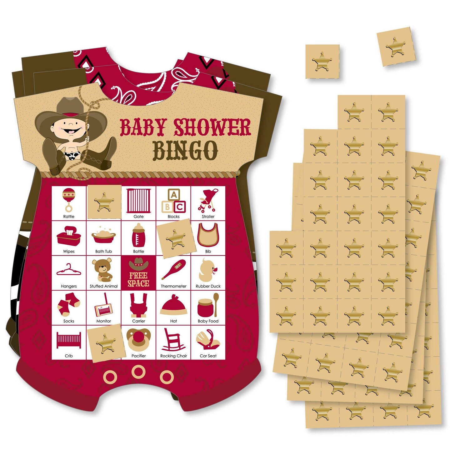 Big Dot of Happiness Little Cowboy - Picture Bingo Cards and Markers - Western Baby Shower Shaped Bingo Game - Set of 18